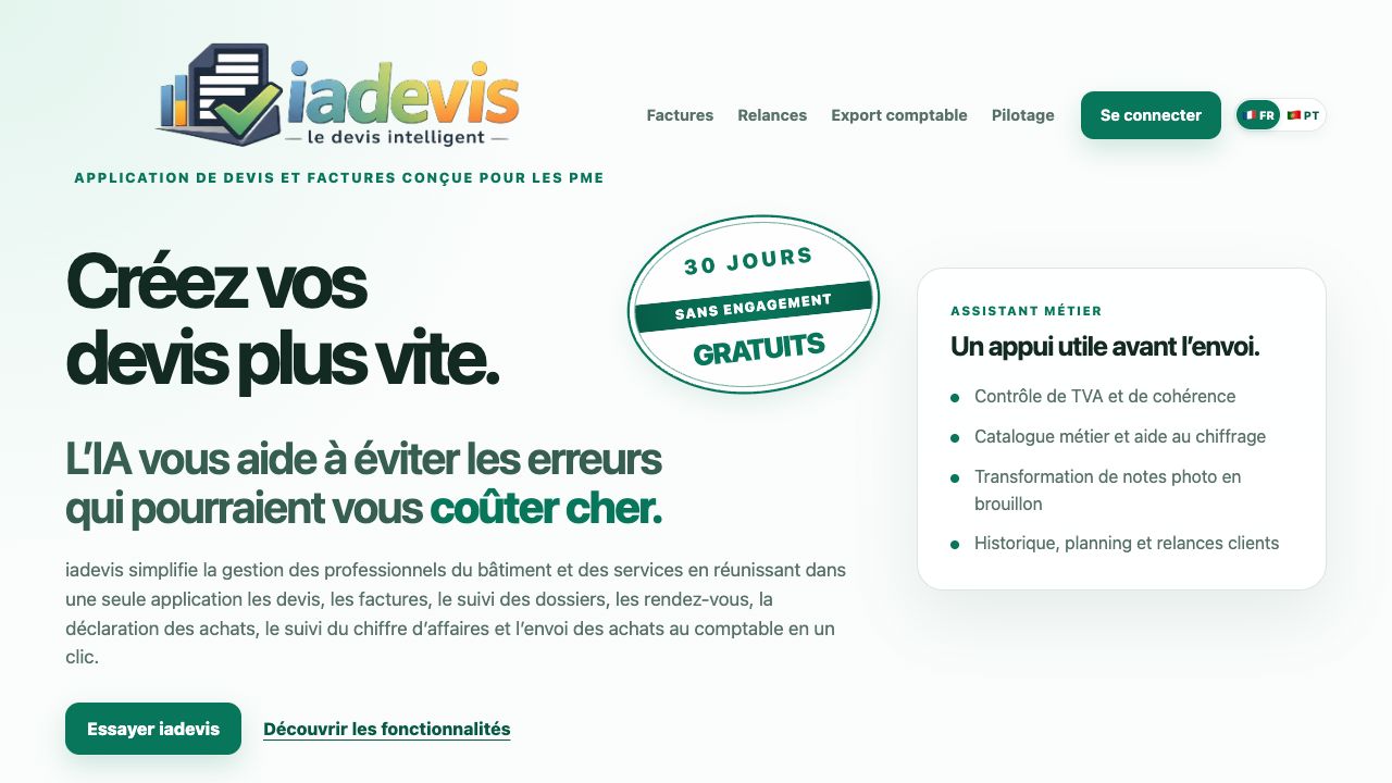 Aperçu du site IADevis et de son assistant de devis pour les professionnels
